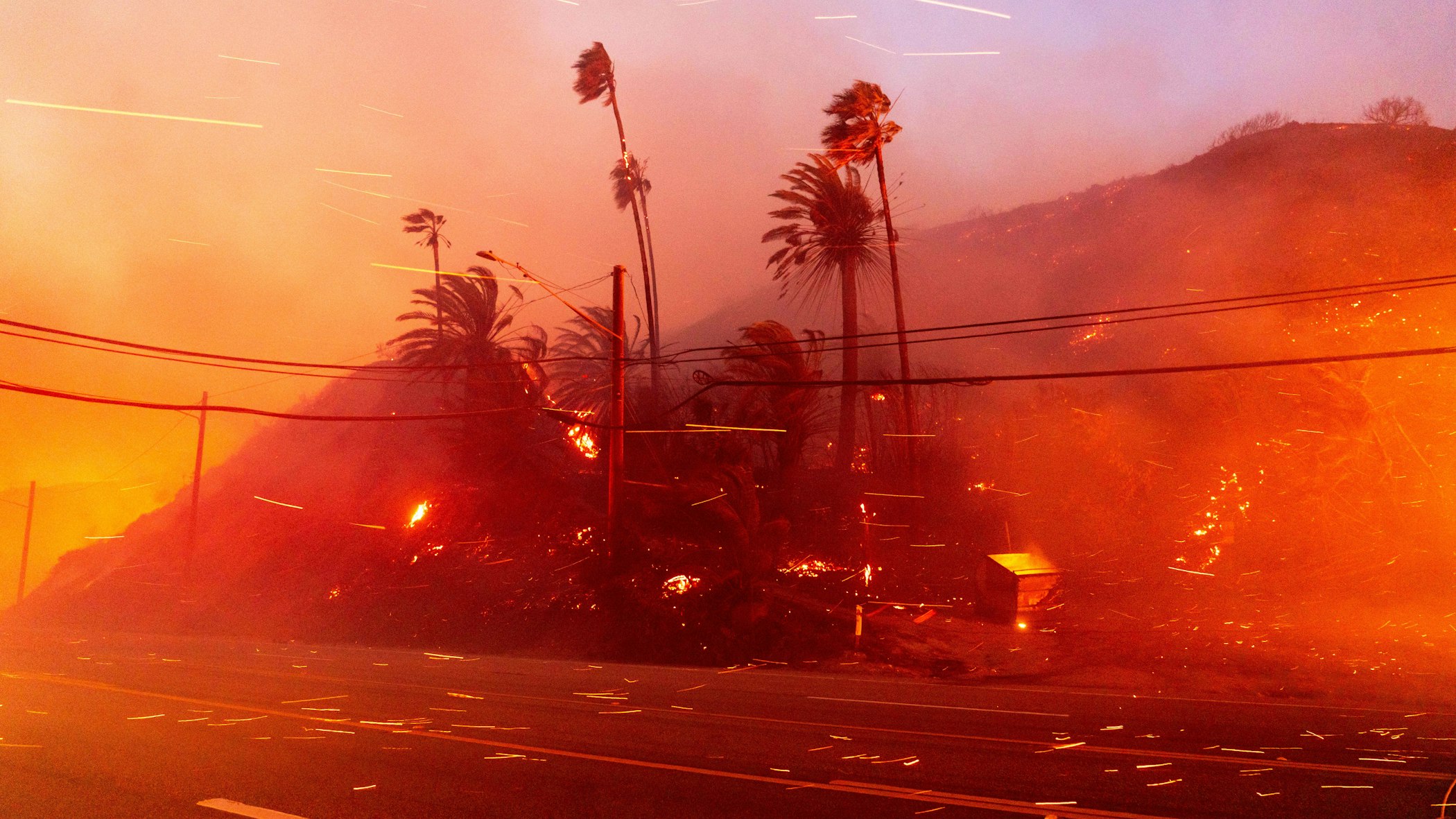 A structure burns during the Palisades Fire in the Pacific Palisades neighborhood of Los Angeles, on Tuesday, Jan. 7, 2025. The photograph was taken by Kyle Grillot of Bloomberg and distributed via Getty Images