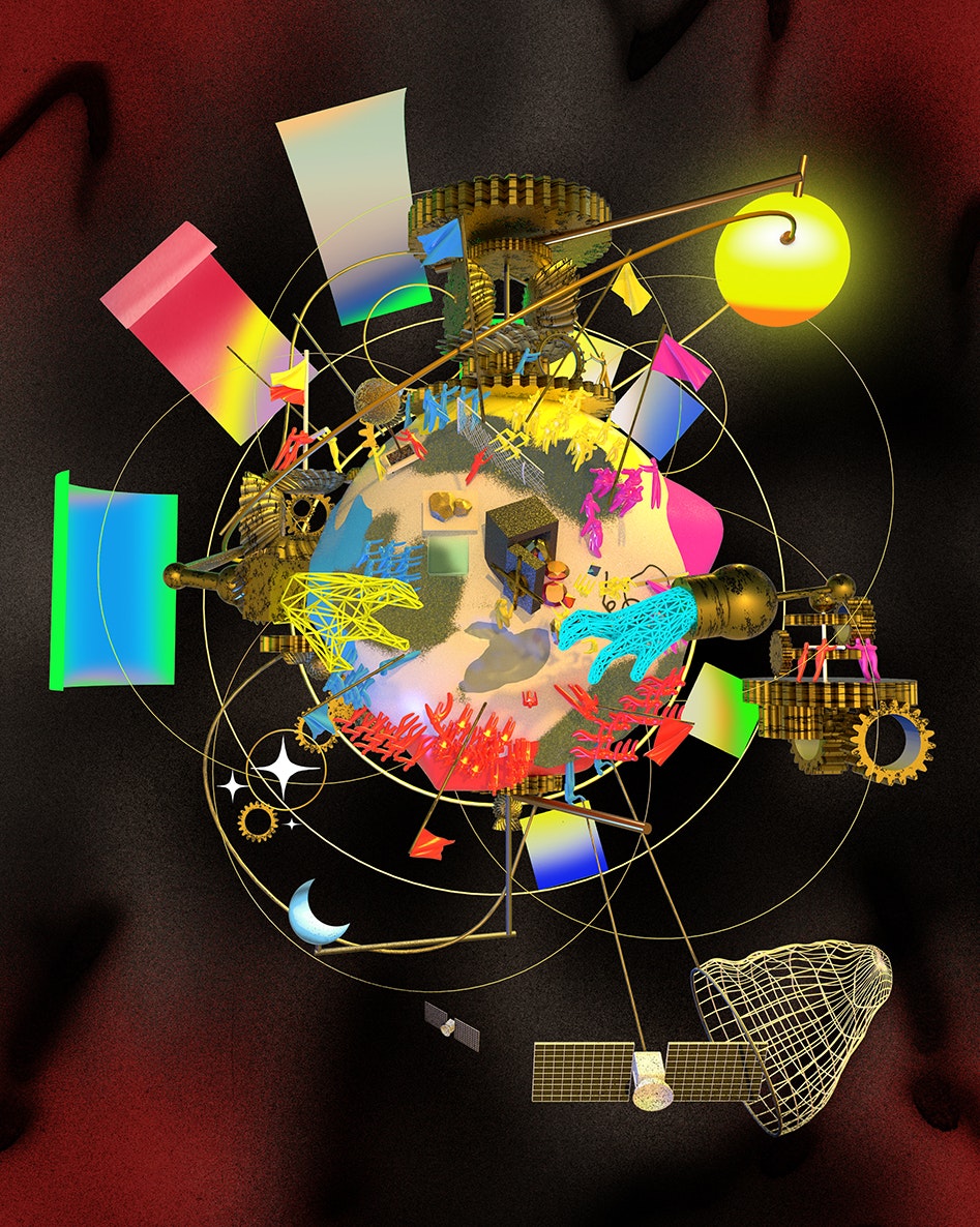 một hình minh họa của Jon Han cho thấy một quả địa cầu với mạng lưới bao quanh và bàn tay nắm lấy tài nguyên.