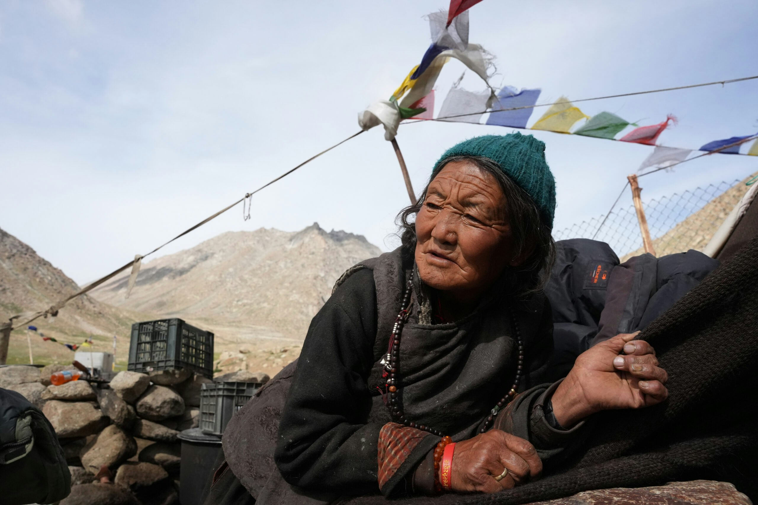 Left: Kunzis Dolma, 65, Thinlay Nurboo’s mother. Right: Yaks, sheep and goats grazing in the mountains of Ladakh, India. Photos by Sanna Irshad Mattoo for Noema Magazine.